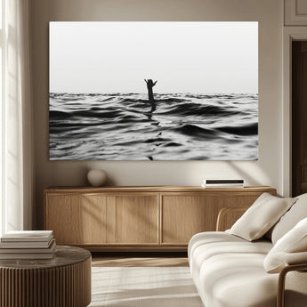 69541918-MGV-CV-36X24-Black White Ocean Wall Art Canvas Print, Framed Moody Seascape Art Picture Print, Surfer Sign Perfect Moody Minimalist Decor