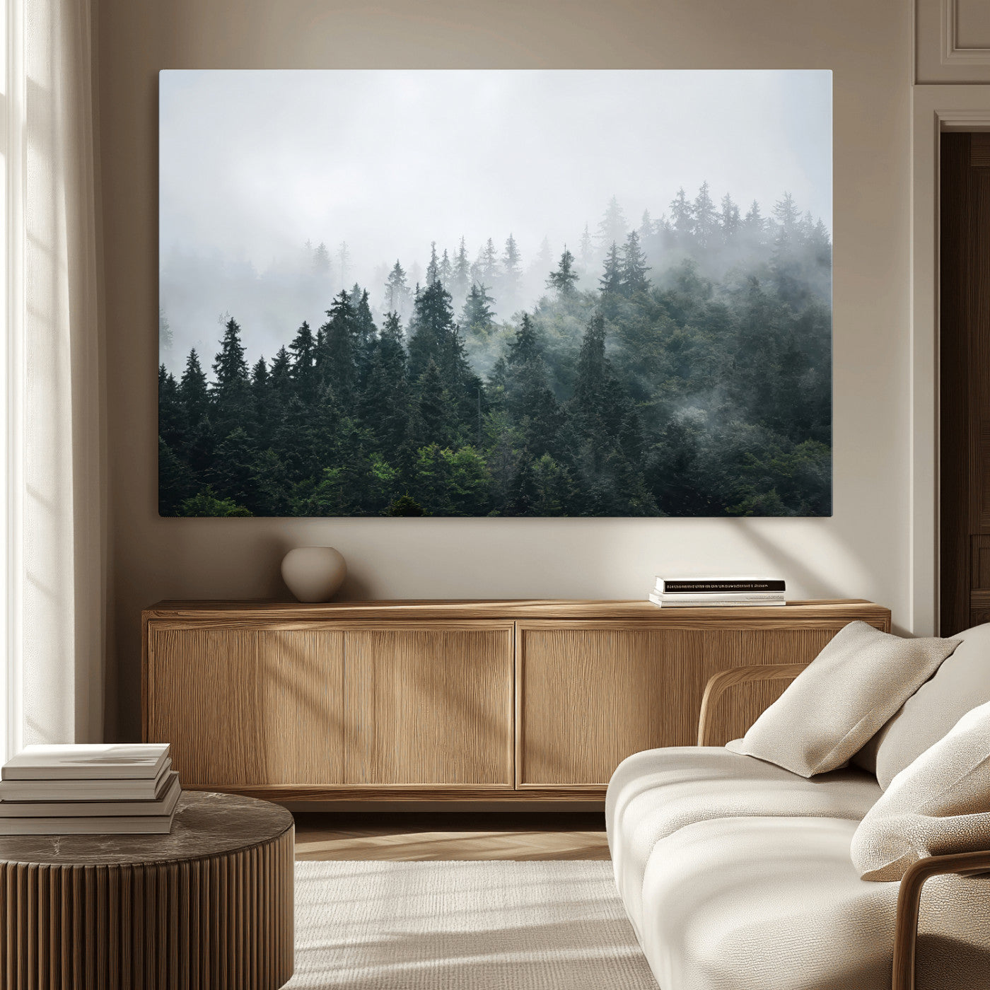 84146572-MGV-CV-36X24-Foggy Pine Trees Wall Art Canvas Print, Framed Forest Nature Art Picture Print, Evergreen Forest Perfect Scandinavian Minimalist