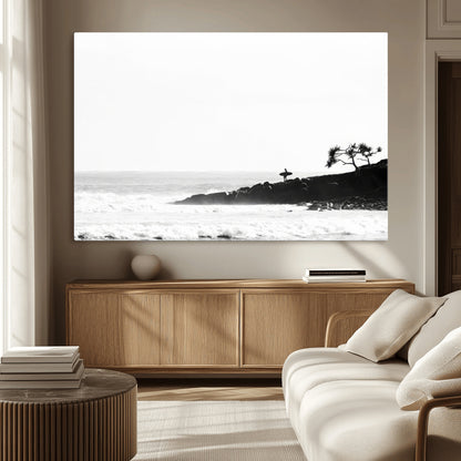 40875891-MGV-CV-36X24-SurferCliffs Wall Art Canvas Print, Framed Black White Beach Art Picture Print, Ocean Waves Perfect Minimalist Coastal Decor