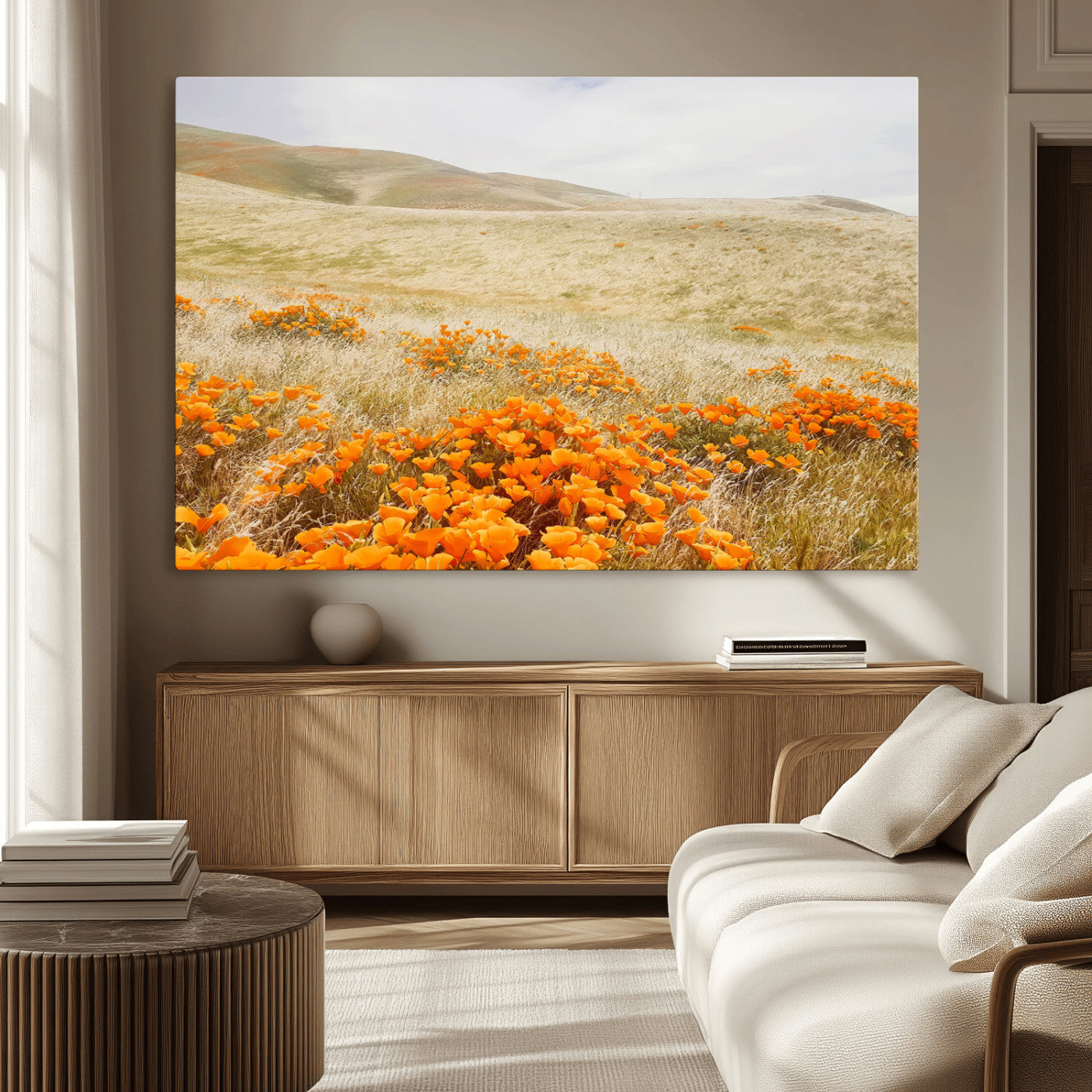 28972262-MGV-CV-36X24-Golden Wildflowers Wall Art Canvas Print, Framed Hills Bloom Art Picture Print, Poppy Meadow Perfect Rustic Nature Decor Artwork