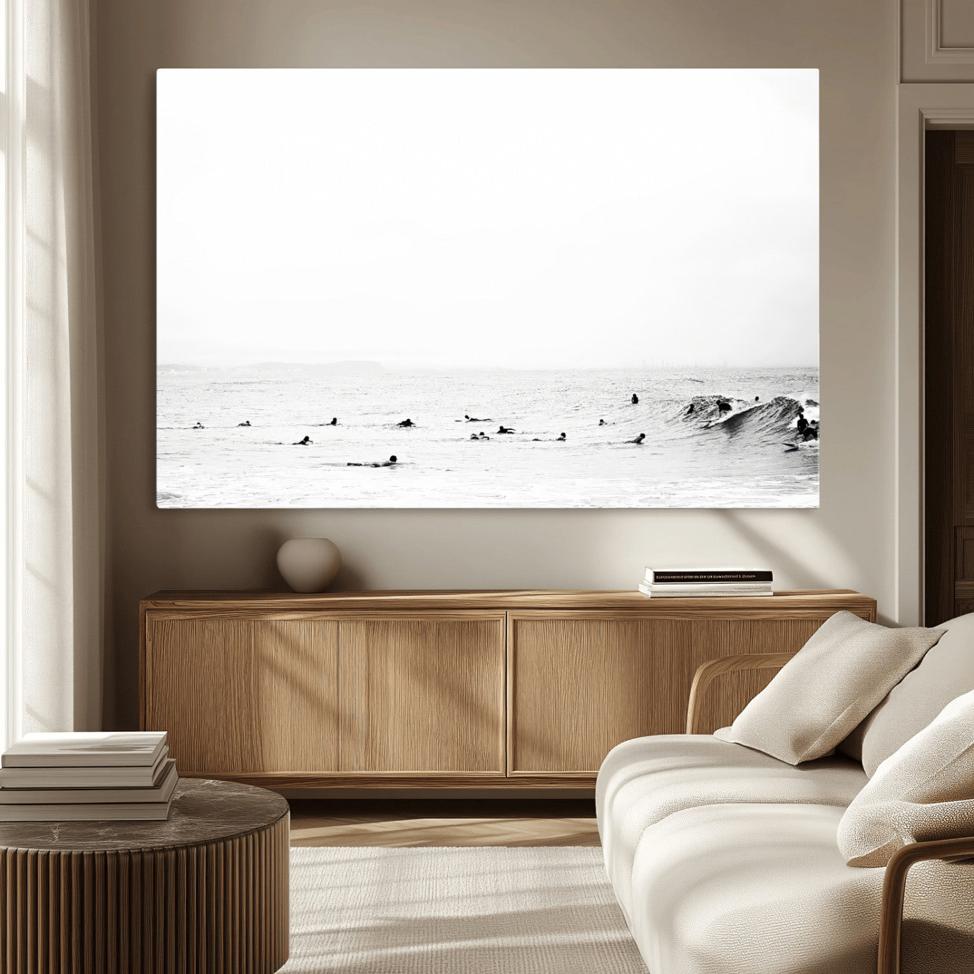 38441169-MGV-CV-36X24-Monochrome Swimming Wall Art Canvas Print, Framed Ocean Horizon Art Picture Print, Moody Coastal Perfect Minimalist Coastal Decor