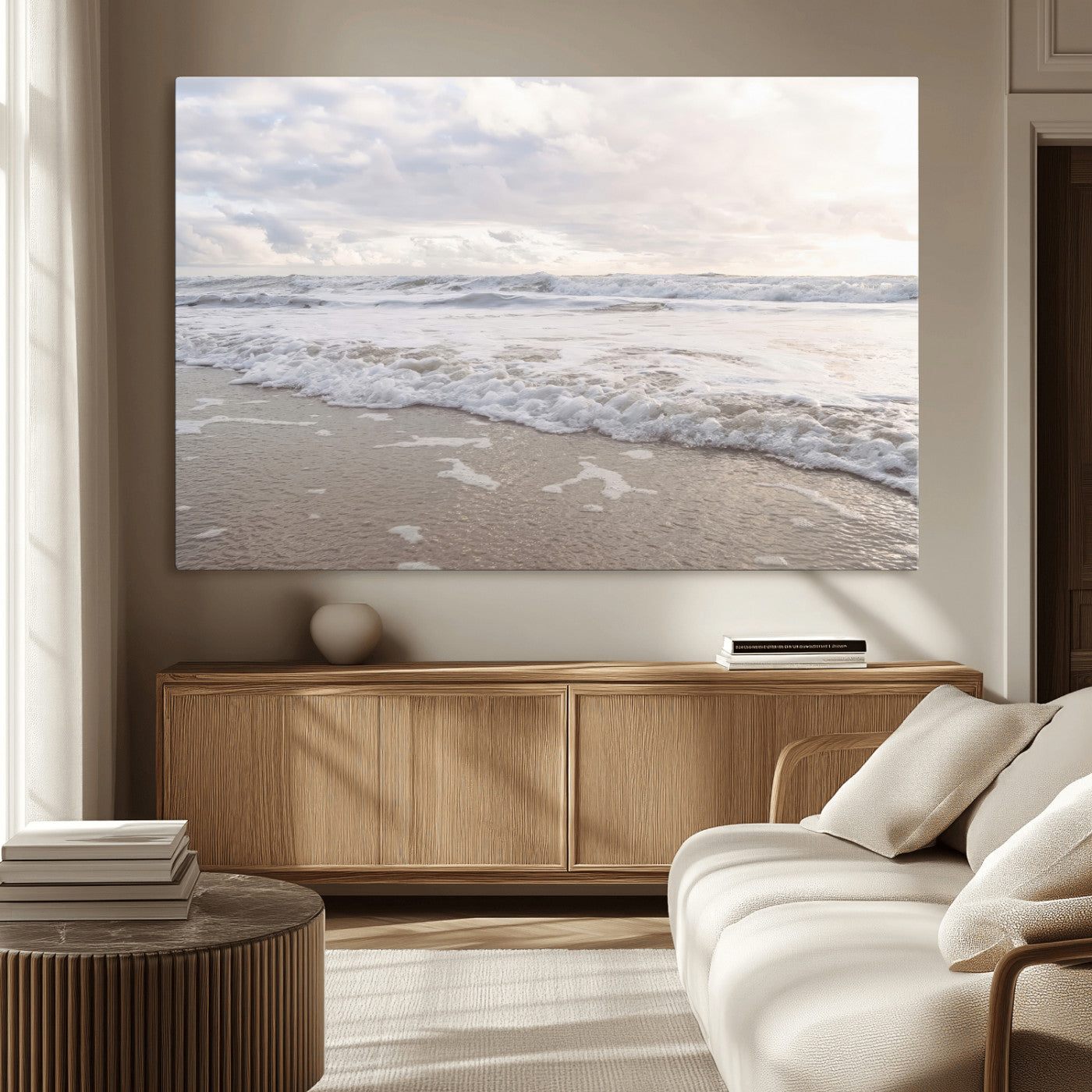 70596264-MGV-CV-36X24-Ocean Waves Wall Art Canvas Print, Framed Coastal Shoreline Art Picture Print, Sea Foam Perfect Coastal Minimalist Decor Artwork