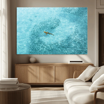 43671474-MGV-CV-36X24-Fish Swarm Wall Art Canvas Print, Framed Marine Life Art Picture Print, Shark Aerial Perfect Wildlife Coastal Decor Artwork