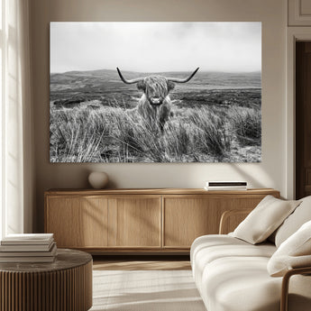 24051061-MGV-CV-36X24-Monochrome Highland Cow Wall Art Canvas Print, Framed Scottish Bull Art Picture Print, Lone Cattle Perfect Rustic Farmhouse Decor