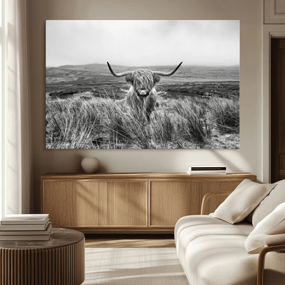 24051061-MGV-CV-36X24-Monochrome Highland Cow Wall Art Canvas Print, Framed Scottish Bull Art Picture Print, Lone Cattle Perfect Rustic Farmhouse Decor