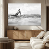 69798068-MGV-CV-36X24-Black White Surfing Wall Art Canvas Print, Framed Ocean Horizon Art Picture Print, Surfer Girl Perfect Coastal Adventure Decor