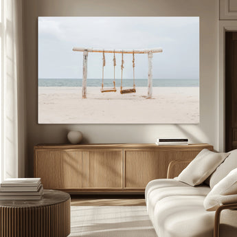 68327283-MGV-CV-36X24-Beach Swing Wall Art Canvas Print, Framed Quiet Beach Art Picture Print, Calm Shoreline Perfect Bohemian Coastal Decor Artwork