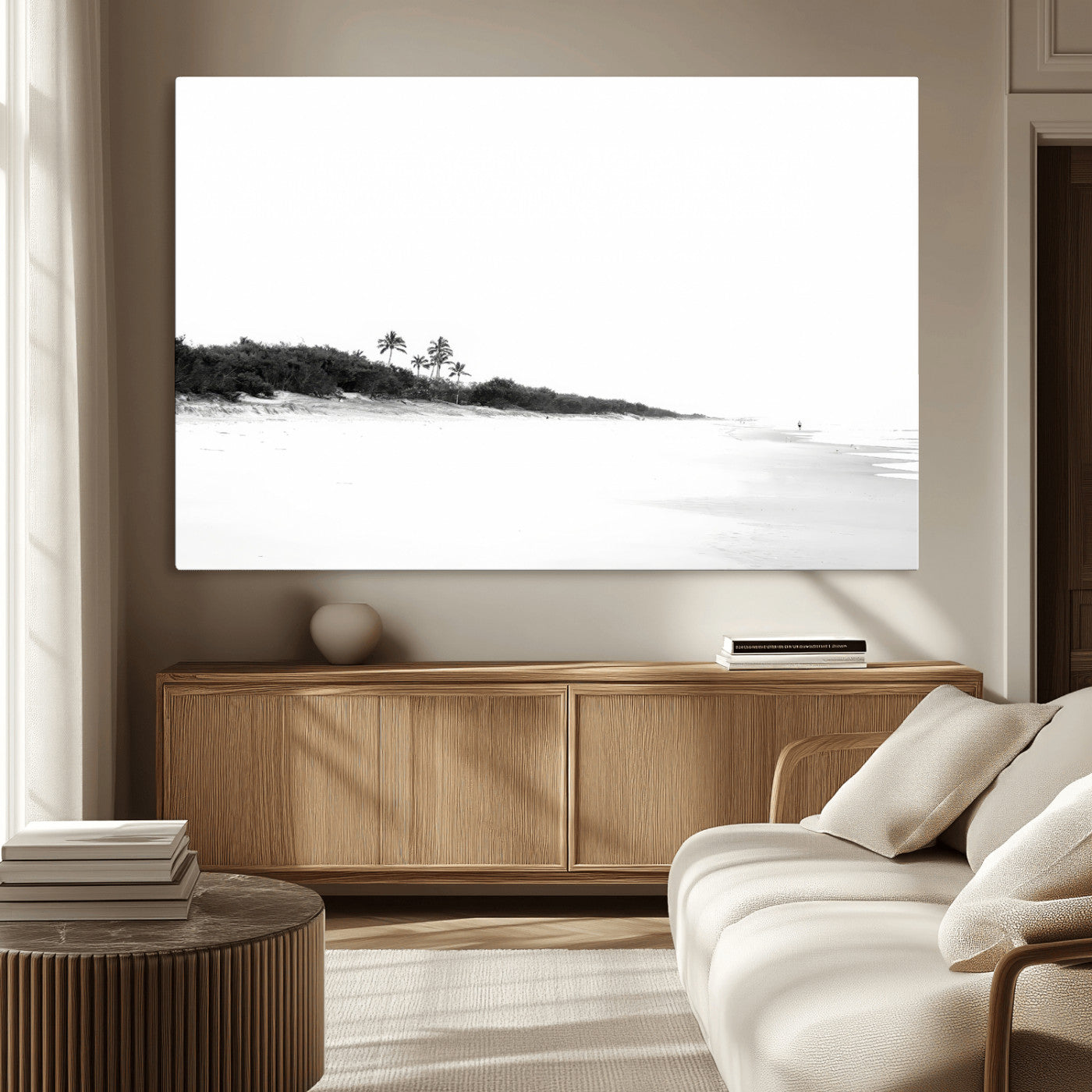 29611516-MGV-CV-36X24-Black White Beach Wall Art Canvas Print, Framed Palm Trees Art Picture Print, Monochrome Tropical Perfect Minimalist Coastal Decor