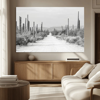 35537313-MGV-CV-36X24-Monochrome Desert Wall Art Canvas Print, Framed Cactus Path Art Picture Print, Southwestern Landscape Perfect Southwestern
