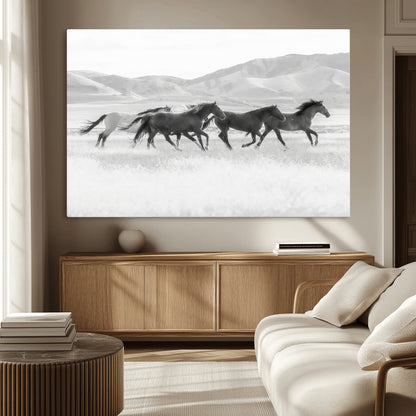 69934913-MGV-CV-36X24-Wild Horses Running Wall Art Canvas Print, Framed Black White Mustangs Art Picture Print, Rustic Western Perfect Rustic Western