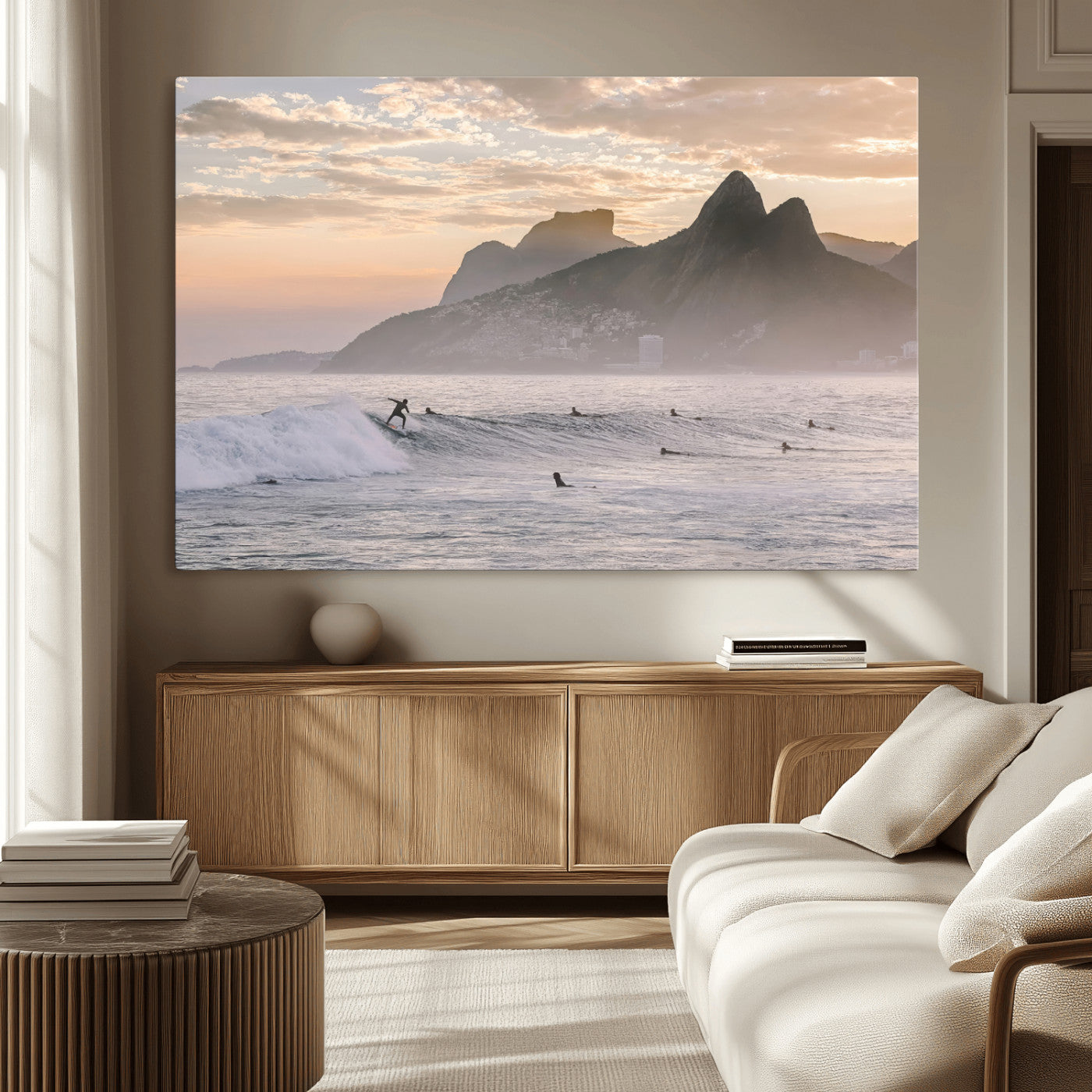 70644906-MGV-CV-36X24-Sunset Surfing Wall Art Canvas Print, Framed Misty Mountains Art Picture Print, Surfer Riding Wave Perfect Coastal Adventure Decor