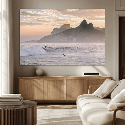 70644906-MGV-CV-36X24-Sunset Surfing Wall Art Canvas Print, Framed Misty Mountains Art Picture Print, Surfer Riding Wave Perfect Coastal Adventure Decor