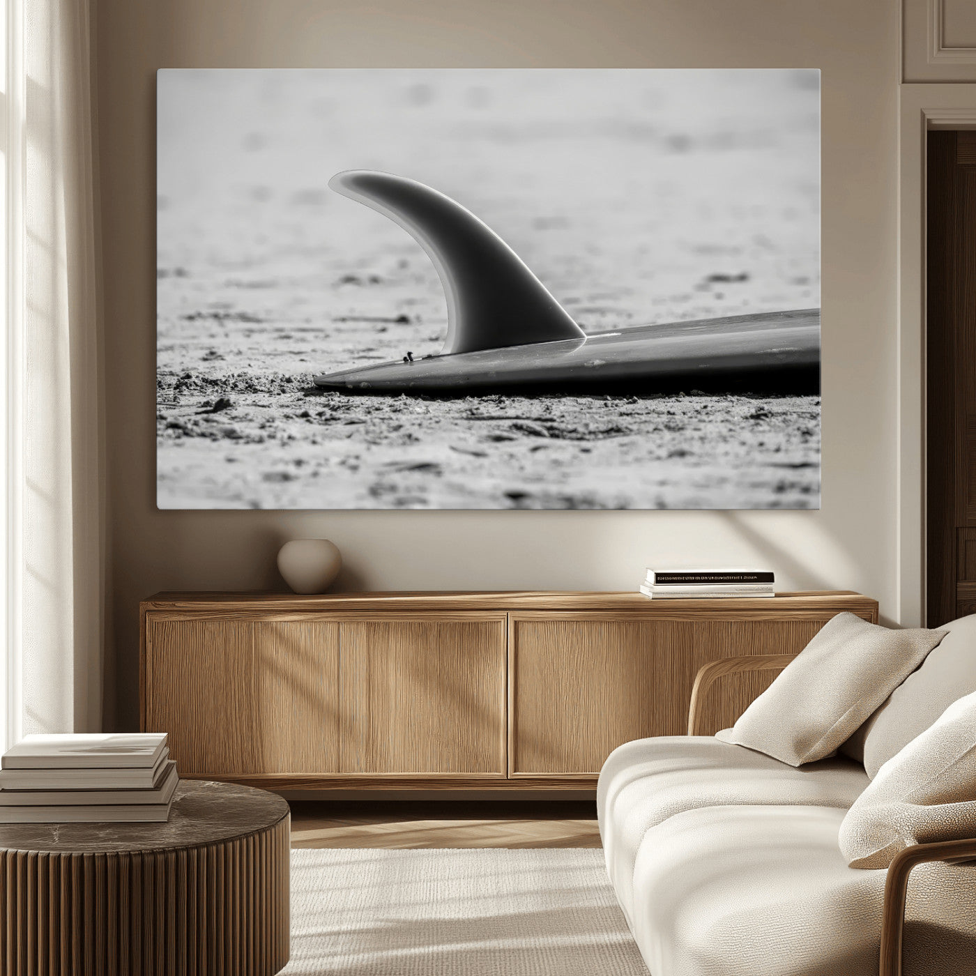 62314230-MGV-CV-36X24-Black White Surfboard Wall Art Canvas Print, Framed Minimalist Beach Art Picture Print, Surf Fin Perfect Minimalist Coastal Decor