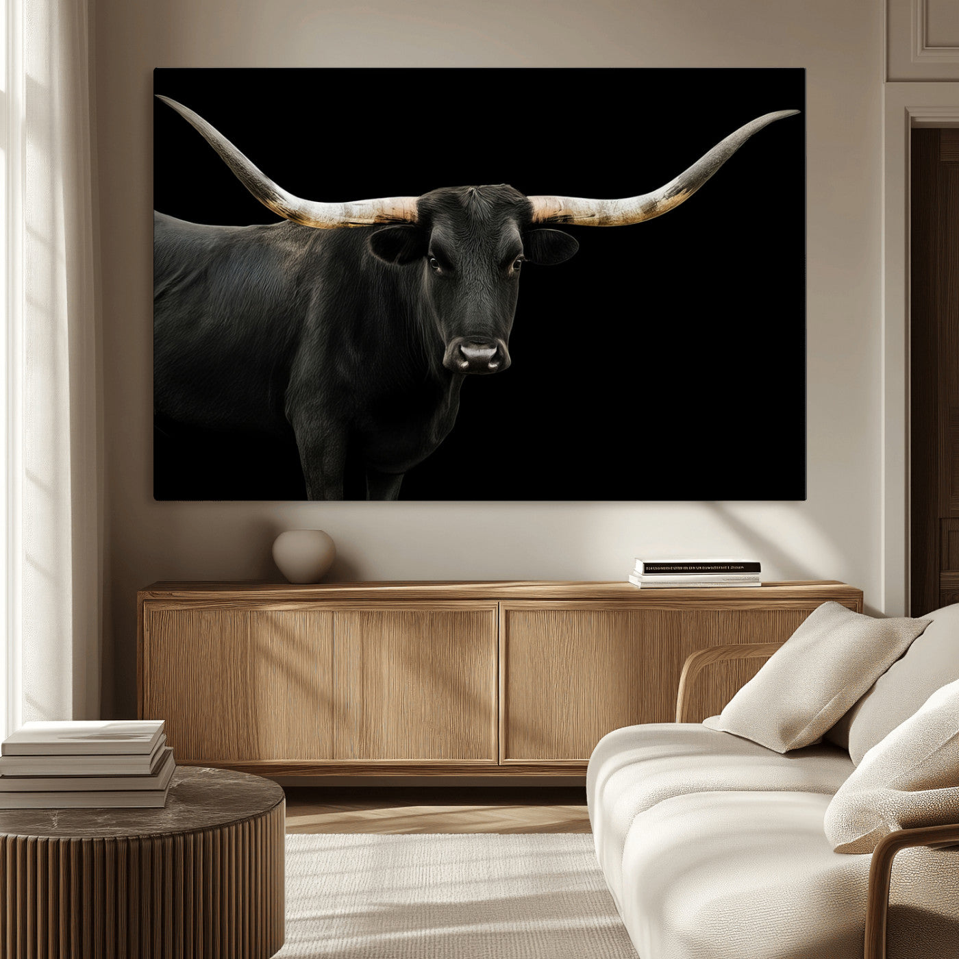 99448328-MGV-CV-36X24-Longhorn Cattle Wall Art Canvas Print, Framed Texas Ranch Art Picture Print, Western Cow Perfect Farmhouse Decor Artwork