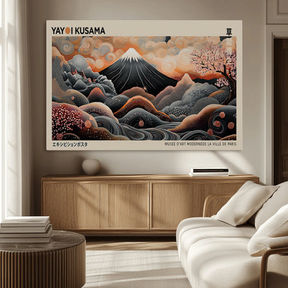 55739266-MGV-CV-36X24-Japanese Wall Art Print – Abstract Yayoi Kusama Inspired Dotted Landscape Poster, Surreal Oriental Mountain and Cherry Blossom