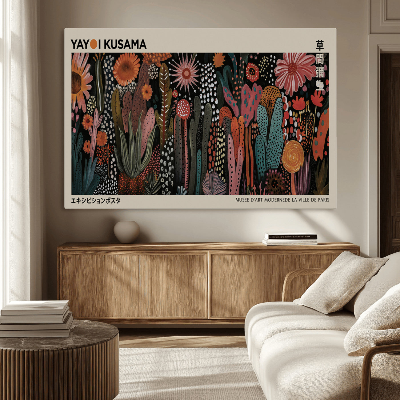 28344895-MGV-CV-36X24-Dark Floral Abstract Wall Art Poster – Modern Botanical Canvas Print with Beige Border, Kusama Inspired Boho Flower Painting,