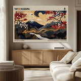 54967195-MGV-CV-36X24-Mount Fuji Wall Art – Japanese Cherry Blossom Abstract Canvas Print, Navy Gold Landscape Painting, Oriental Luxury Home Decor