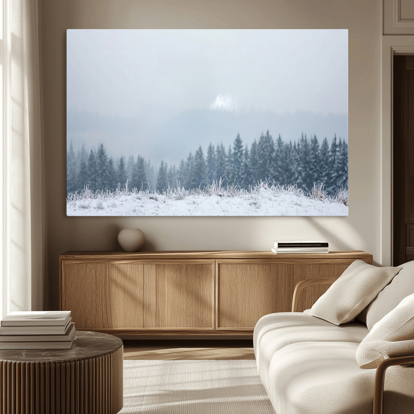 33033082-MGV-CV-36X24-Winter Forest Art Wall Art Canvas Print, Framed Snowy Landscape Art Picture Print, Misty Tree Scene Perfect Nordic Minimalist