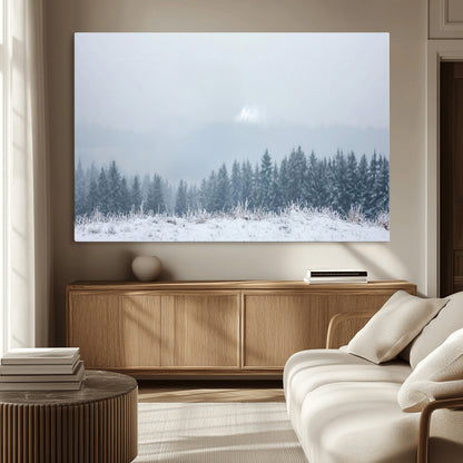 33033082-MGV-CV-36X24-Winter Forest Art Wall Art Canvas Print, Framed Snowy Landscape Art Picture Print, Misty Tree Scene Perfect Nordic Minimalist