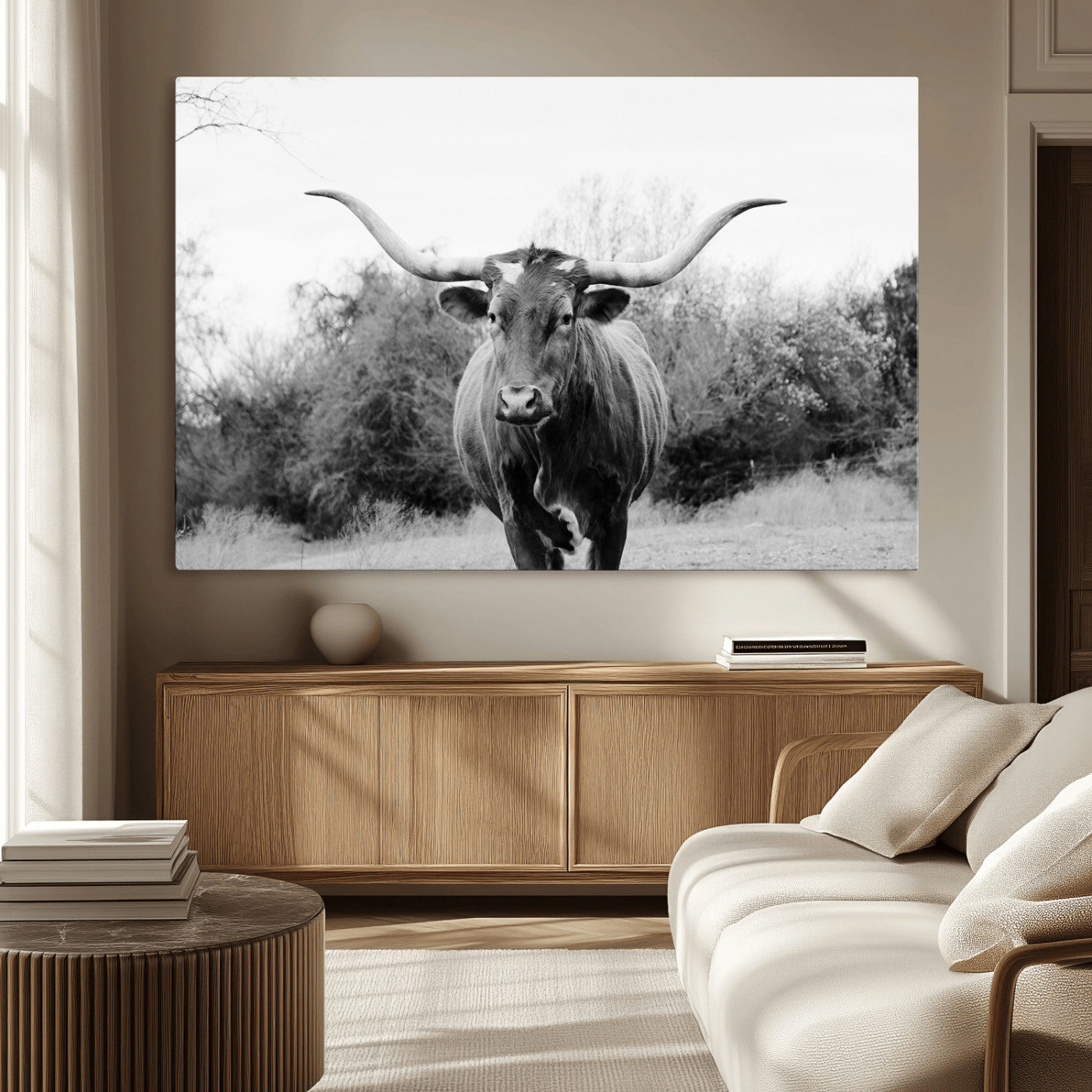 97280319-MGV-CV-36X24-Longhorn Photography Wall Art Canvas Print, Framed Western Cow Decor Art Picture Print, Texas Ranch Style Perfect Rustic Farmhouse