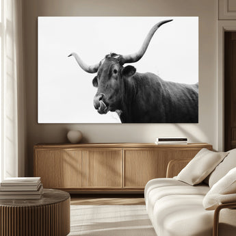 99244177-MGV-CV-36X24-Longhorn Photography Wall Art Canvas Print, Framed Western Cow Decor Art Picture Print, Black White Bull Perfect Modern Rustic