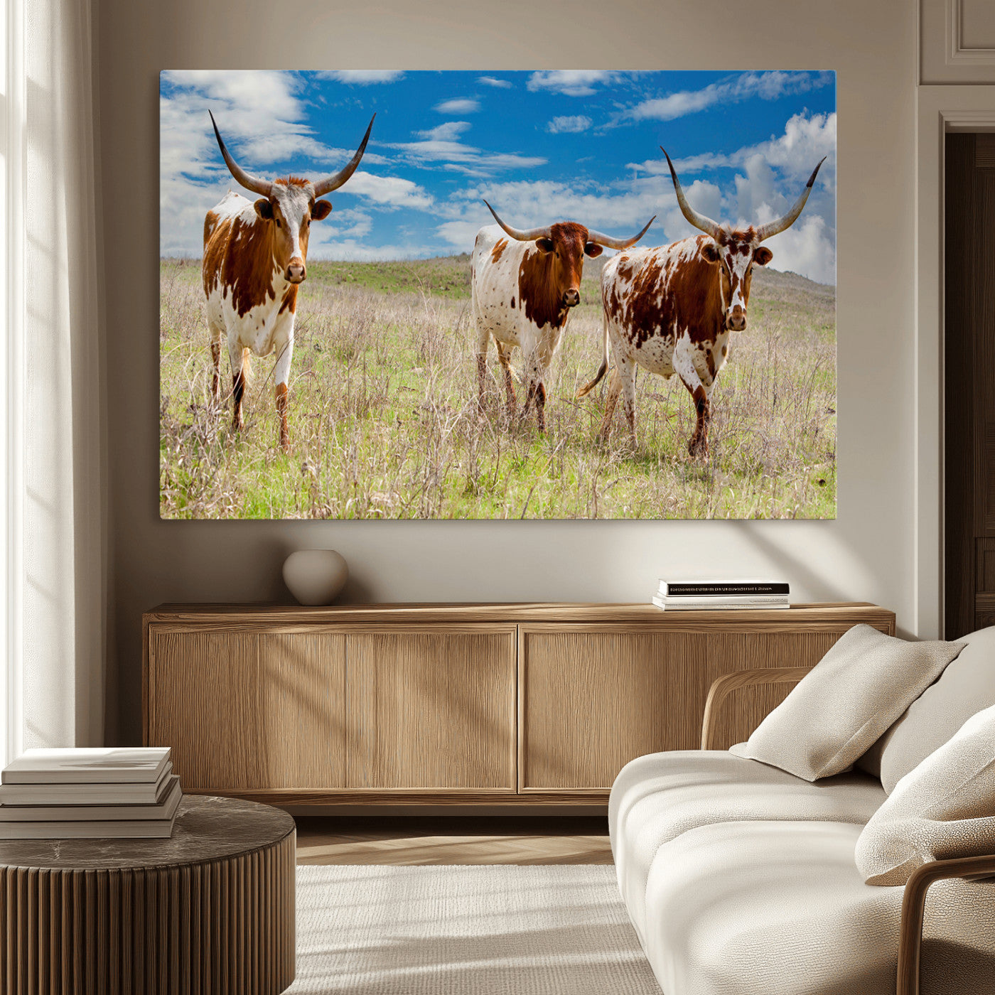 58099948-MGV-CV-36X24-Texas Longhorn Wall Art Canvas Print, Framed Western Decor Art Picture Print, Rustic Farmhouse Perfect Western Farmhouse Decor