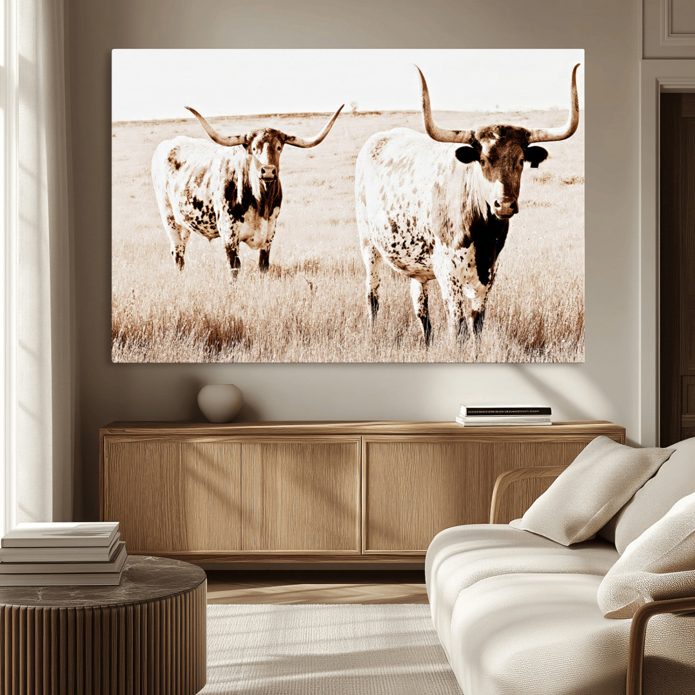 39672786-MGV-CV-36X24-Rustic Cow Scene Wall Art Canvas Print, Framed Farmhouse Style Cattle Art Picture Print, Prairie Animal Duo Perfect Rustic Western