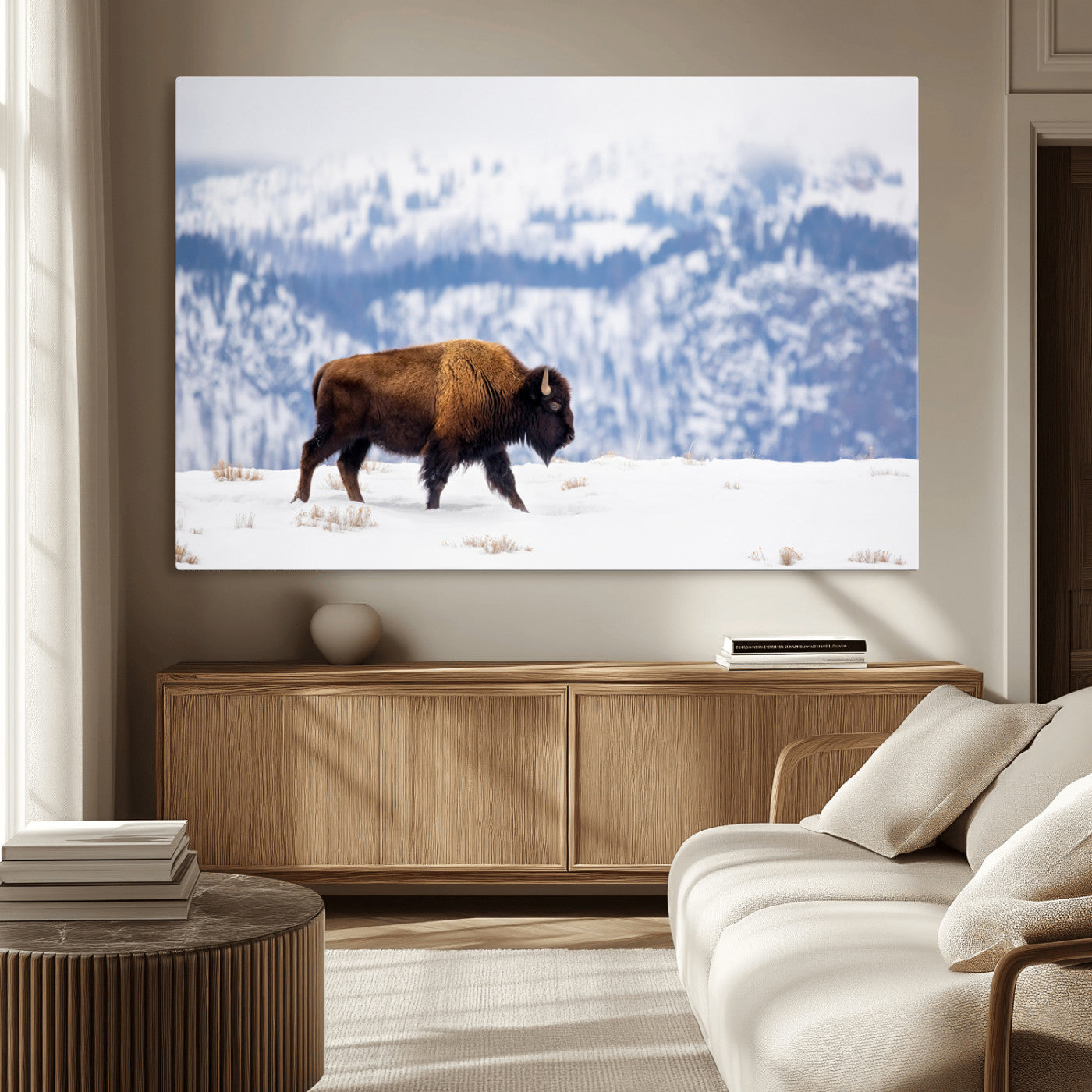 58512275-MGV-CV-36X24-Cowboy Aesthetic Wall Art Canvas Print, Framed Neutral Animal Theme Art Picture Print, Bison Ranch Style Perfect Rustic Western