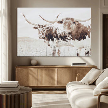 48161868-MGV-CV-36X24-Longhorn Cow Decor Wall Art Canvas Print, Framed Rustic Cattle Art Picture Print, Sepia Western Vibe Perfect Neutral Rustic