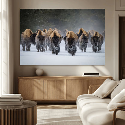 41669135-MGV-CV-36X24-Bison Herd Scene Wall Art Canvas Print, Framed Rustic Wildlife Decor Art Picture Print, Snowy Bison Landscape Perfect Rustic