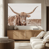77810049-MGV-CV-36X24-Longhorn Bull Photo Wall Art Canvas Print, Framed Rustic Cow Decor Art Picture Print, Neutral Farmhouse Style Perfect Rustic