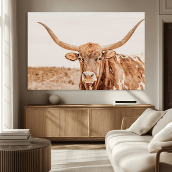 74406977-MGV-CV-36X24-Longhorn Bull Decor Wall Art Canvas Print, Framed Western Cow Theme Art Picture Print, Rustic Farmhouse Wall Perfect Neutral