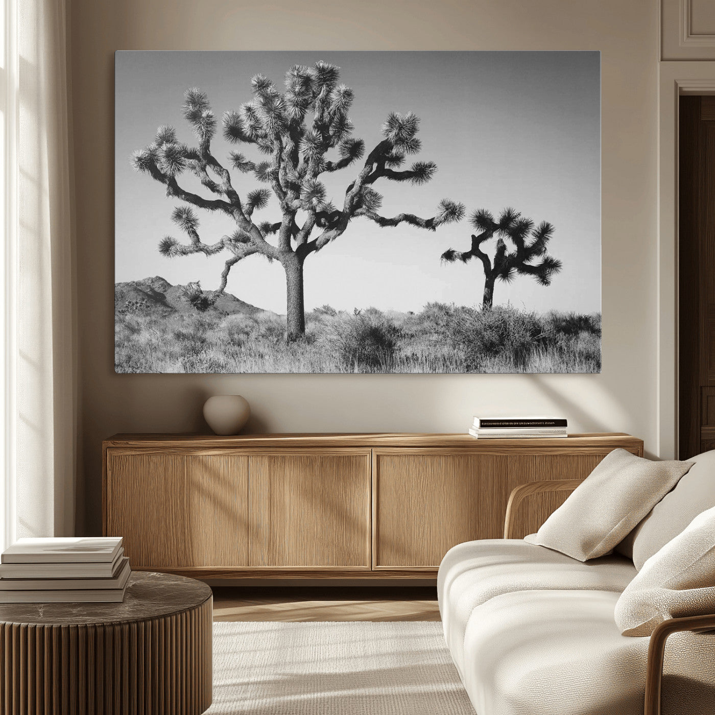 93692513-MGV-CV-36X24-Joshua Tree Wall Art Canvas Print, Framed Monochrome Desert Art Picture Print, Minimalist Nature Scene Perfect Southwestern