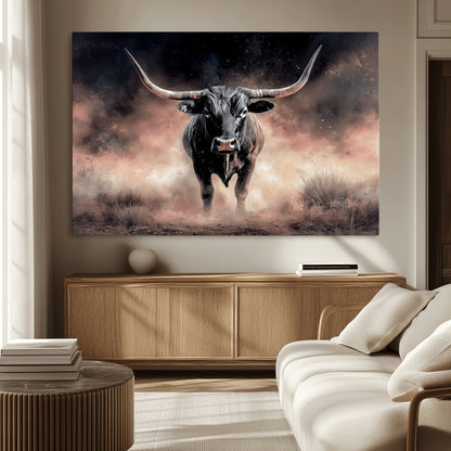 71457818-MGV-CV-36X24-Longhorn Wall Art Wall Art Canvas Print, Framed Western Bull Canvas Art Picture Print, Rustic Cow Decor Perfect Western Dramatic