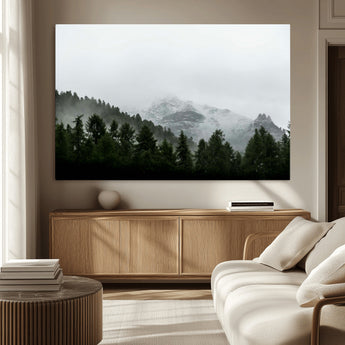 55968349-MGV-CV-36X24-Misty Mountains Wall Art Canvas Print, Framed Foggy Forest Art Picture Print, Snowy Peaks Perfect Moody Wilderness Decor Artwork