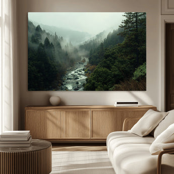 48497565-MGV-CV-36X24-Misty Forest Wall Art Canvas Print, Framed Foggy River Art Picture Print, Moody Landscape Perfect Moody Wilderness Decor Artwork