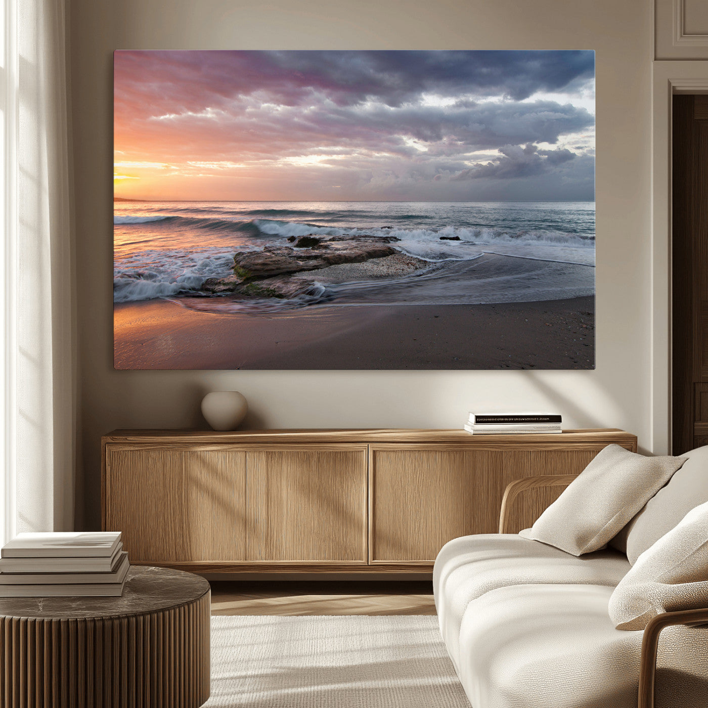 94208089-MGV-CV-36X24-Golden Hour Wall Art Canvas Print, Framed Tranquil Waves Art Picture Print, Beach Horizon Perfect Coastal Serenity Decor Artwork