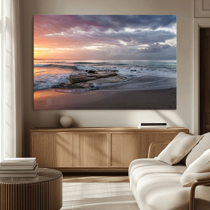 94208089-MGV-CV-36X24-Golden Hour Wall Art Canvas Print, Framed Tranquil Waves Art Picture Print, Beach Horizon Perfect Coastal Serenity Decor Artwork