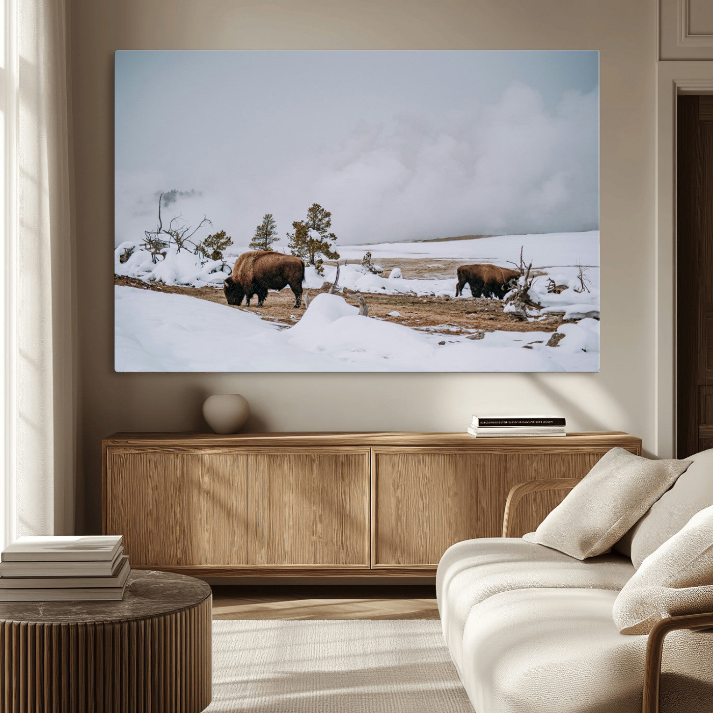60308289-MGV-CV-36X24-Bison Wildlife Wall Art Canvas Print, Framed Snowy Prairie Art Picture Print, Western Landscape Perfect Rustic Winter Decor