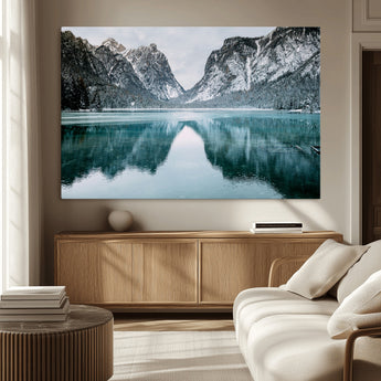 73098373-MGV-CV-36X24-Mountain Lake Wall Art Canvas Print, Framed Winter Wonderland Art Picture Print, Snowy Peaks Perfect Modern Nature Decor Artwork