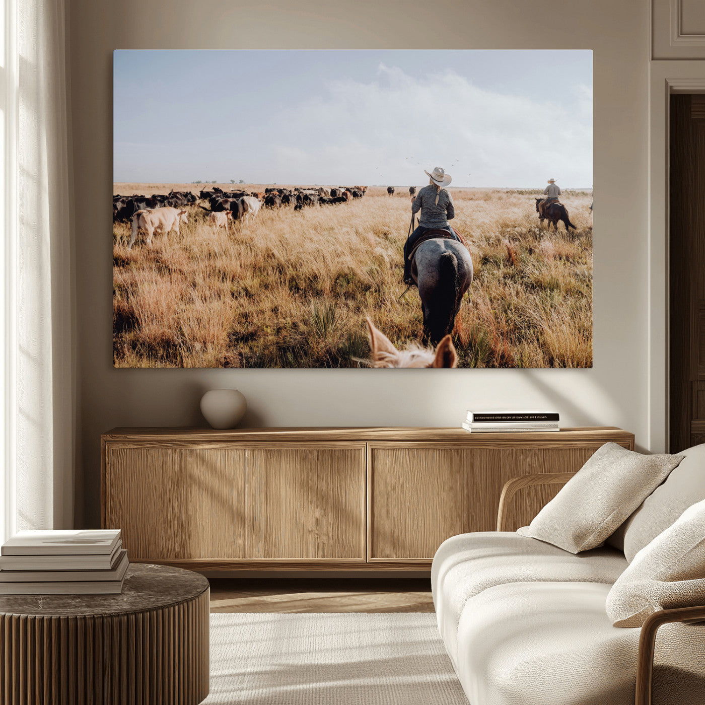 22431577-MGV-CV-36X24-Western Wall Art Wall Art Canvas Print, Framed Cowboy Canvas Art Picture Print, Cattle Drive Scene Perfect Rustic Western Decor