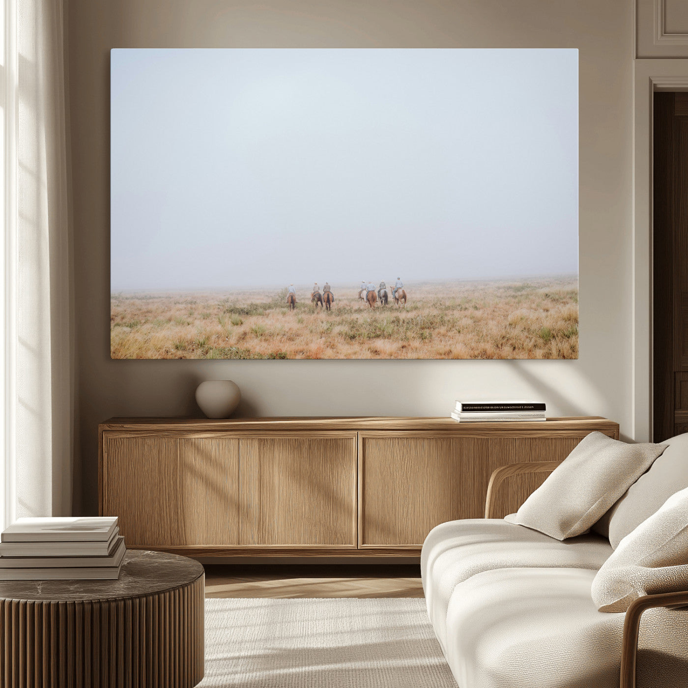 14761944-MGV-CV-36X24-Foggy Plains Wall Art Canvas Print, Framed Horseback Riders Art Picture Print, Rustic Western Perfect Rustic Western Decor Artwork