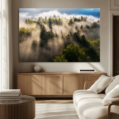 14785710-MGV-CV-36X24-Tranquil Forest Scene Wall Art Canvas Print, Framed Sunbeam Through Trees Art Picture Print, Moody Green Wall Art Perfect