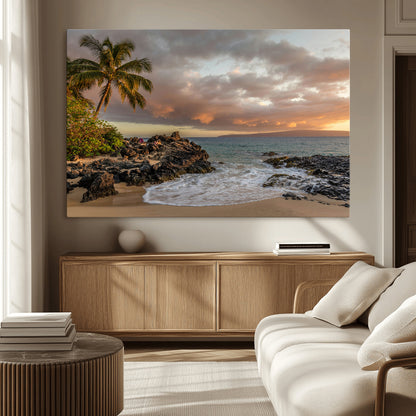55108220-MGV-CV-36X24-Tropical Beach Wall Art Canvas Print, Framed Hawaiian Sunset Art Picture Print, Ocean Waves Perfect Coastal Tropical Decor Artwork