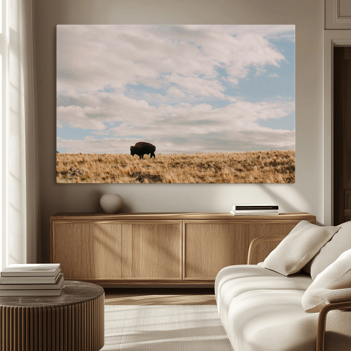 22754563-MGV-CV-36X24-Earthy Tones Wall Art Canvas Print, Framed Rustic Nature Art Picture Print, Solitary Buffalo Perfect Western Minimalist Decor