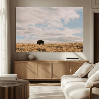 22754563-MGV-CV-36X24-Earthy Tones Wall Art Canvas Print, Framed Rustic Nature Art Picture Print, Solitary Buffalo Perfect Western Minimalist Decor