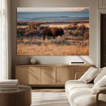39509187-MGV-CV-36X24-Western Wildlife Wall Art Canvas Print, Framed Bison Art Picture Print, Golden Hour Perfect Western Rustic Decor Artwork