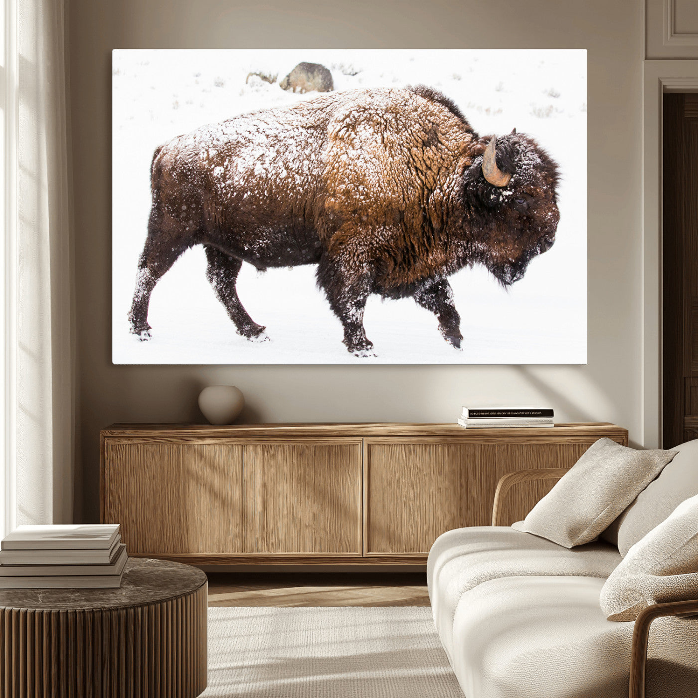 94261165-MGV-CV-36X24-Snowy Buffalo Wall Art Canvas Print, Framed Wildlife Photography Art Picture Print, Brown Tones Perfect Rustic Lodge Decor Decor