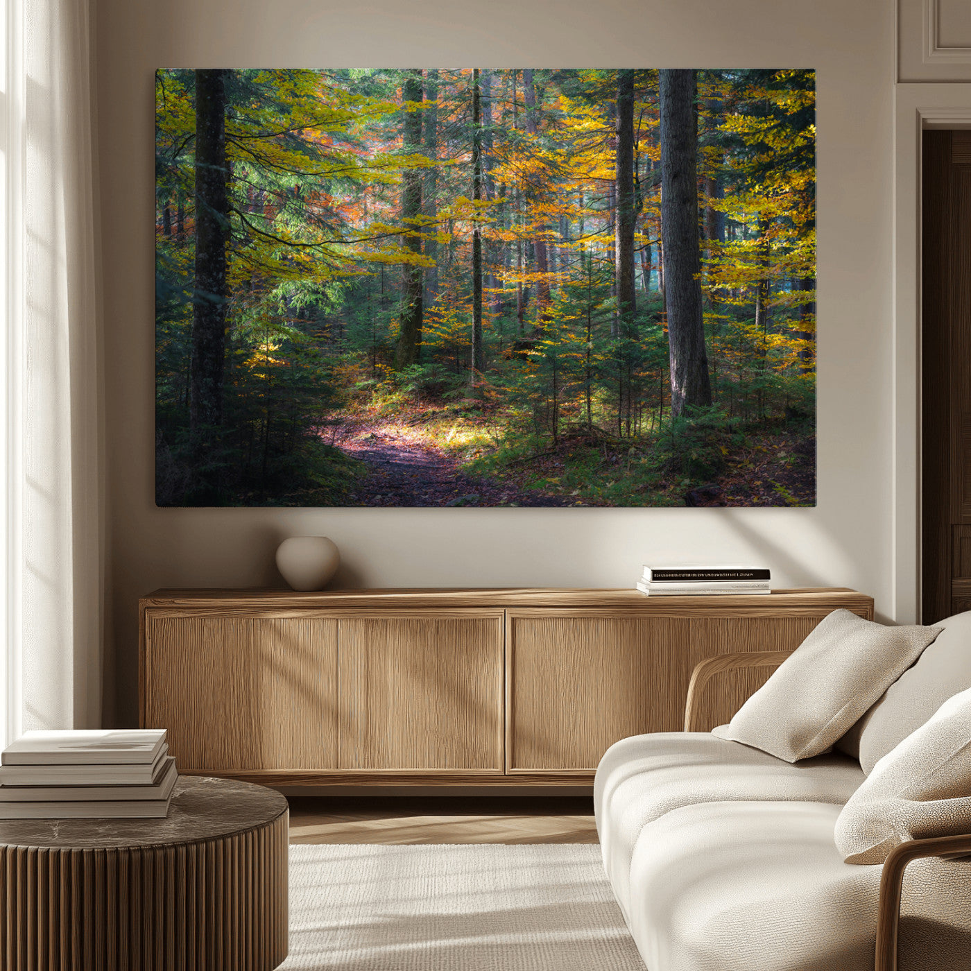 65810864-MGV-CV-36X24-Autumn Forest Wall Art Canvas Print, Framed Fall Woodland Art Picture Print, Golden Leaves Perfect Rustic Farmhouse Decor Artwork