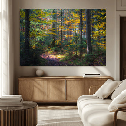 65810864-MGV-CV-36X24-Autumn Forest Wall Art Canvas Print, Framed Fall Woodland Art Picture Print, Golden Leaves Perfect Rustic Farmhouse Decor Artwork